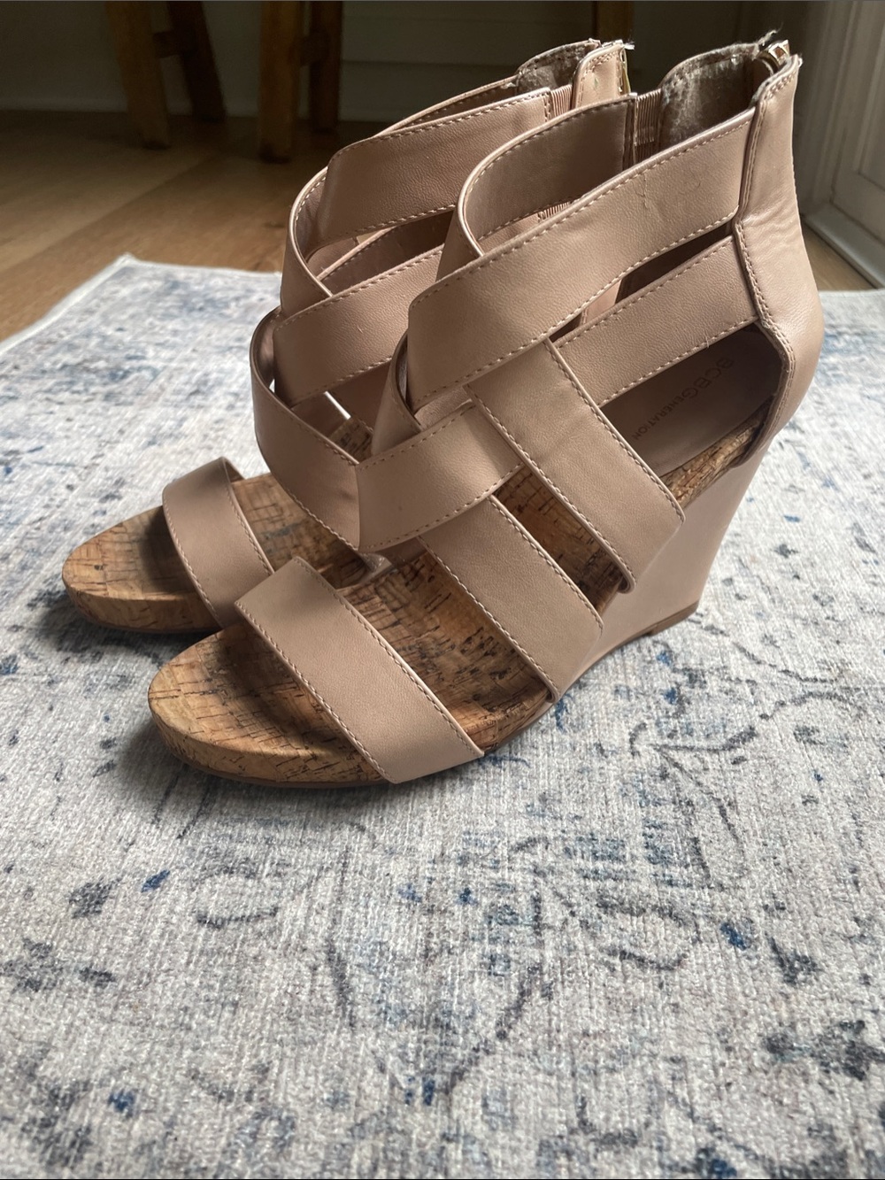 BCBGeneration Nude/Taupe Strappy Cork Wedge Sandals